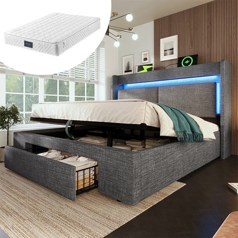 Lit Coffre Rembourré 160x200 cm en Lin Gris avec Matelas, LED, USB et USB-C, Tête de Lit avec Rangement (1/5)