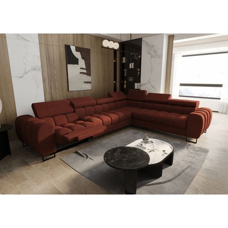 Ecksofa Schlafsofa BASTIEN RELAX in Stoff Moly Ziegelrot Ottomane Rechts