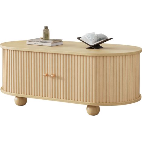 Table basse ovale avec espace de rangement et portes coulissantes, meuble multifonction peu encombrant effet bois (1/5)