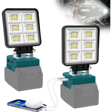 Work Light Compatible with 18V, Pack of 2 5200LM Projector, 2 Modes 6000K Portable Construction Lighting with Type C and USB for Construction Site, Garage, Camping, Fishing, Without Battery (1/5)