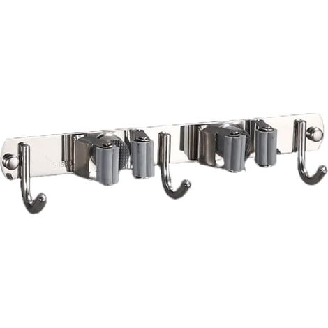 Porte-balais mural en acier inoxydable avec 2 supports et 3 crochets, organiseur mural pour balais et serpillières, pour cuisine, salle de bain, jardin, garage (1/5)