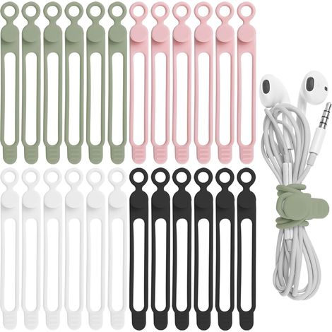 Lot de 24 attaches câbles en silicone réutilisables, organiseur de fils et cordons, serre-câbles souples pour bureau et maison, coloris assortis (4 teintes) (1/5)