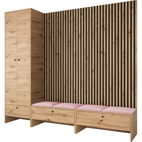 Conjunto para recibidor Donio VI, Roble Artisan + Manila 09, 206x230x44cm, Aglomerado laminado, Tapiz, Colocada