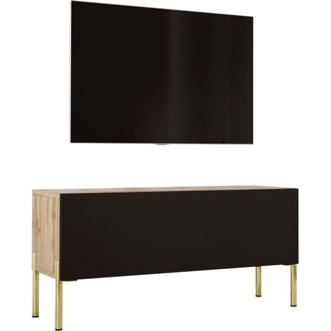 Meuble TV : Chêne Wotan / Noir Mat, pieds dorées, 100 x 52 x 32 cm (1/5)