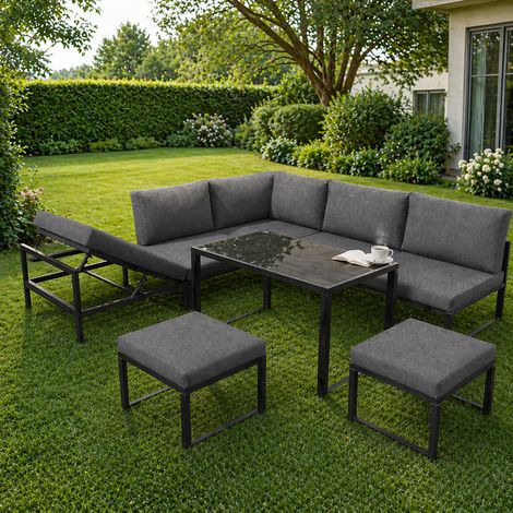 Salon de jardin 6 places avec configuration modulable, table incluse, coussins inclus, confort extérieur, en verre, noir et gris (1/5)