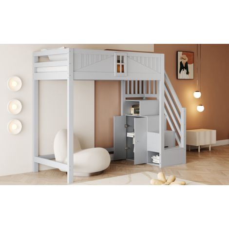 Massivholz-Hochbett , Einzigartige Sicherheitstür mit Fenster, Seitliche Ablage-Sicherheitsleiter Links und Rechts Austauschbar, Multifunktionsbett