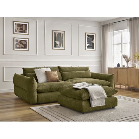 BOBOCHIC - Canapé droit fixe 3 places NEIL tissu texturé avec pouf Vert (1/5)