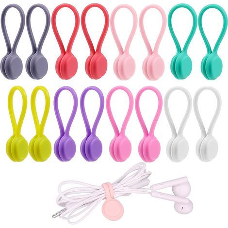 16 reusable silicone magnetic cable clips for cables, earphones, USB cables, charging pens and keychains (8 colors)