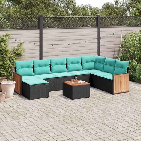 Salon de jardin modulable 9 pièces en rotin PE tressé noir avec coussins bleus - PANGIVO (1/5)