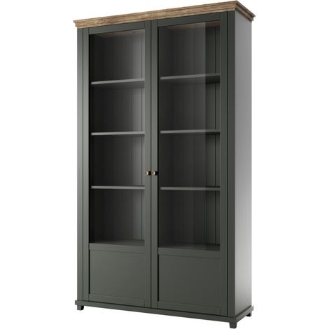 Petits-Meubles – Vaisselier 2 portes Martin – Vert et bois façon chêne de Lefkas – Panneaux agglomérés – Portes en verre trempé – 126 x 42 x 200 cm