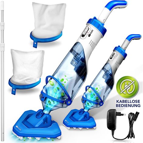 tillvex Poolsauger Blau/Weiß mit Akku & Teleskopstange + Ersatzfilter bis zu 15 m³ Pool Bodensauger elektrisch Poolreiniger mit Filter & 60 min Laufzeit Handsauger Reinigungsset kabellos (1/5)