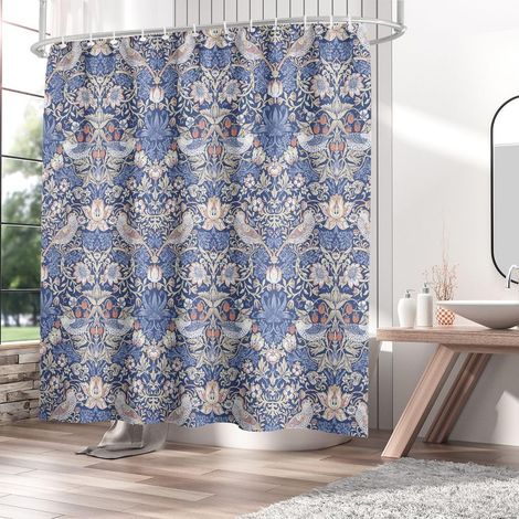 Rideau de douche pour hôtel avec art abstrait de William Morris, décor floral bleu pour la salle de bain, en polyester imperméable avec 12 crochets, 180 x 180 cm (1/4)
