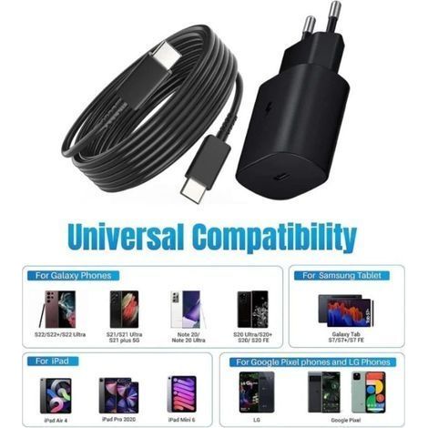 Samsung 25W Schnellladegerät, USB Typ-C Anschluss, Ultraschnelles Ladekabel kompatibel mit Samsung Galaxy S22 Plus/S22 ULTRA/S21 FE 5G/S21 Plus/S20 FE/Note 20 ULTRA (1,2 m) (1/2)