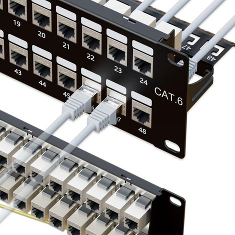 Cat6 Shielded Patch Panel 48 Port with RJ45 Keystone Coupler STP 10Gbps Patch Panel 19" 2U with Back Bar, Wall/Rack Mount, Cat5 Wiring, Cat5e, Cat6 (1/5)