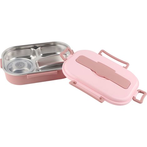 Boîte-repas Bento 4 compartiments en acier inoxydable avec bol à soupe - Rangement alimentaire portable pour écoliers et adultes - Rose