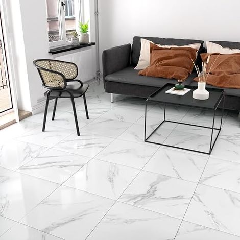 24 x White Marble PVC Floor Tiles Living Room Adhesive White Tile Self-Adhesive Bedroom Washable Tile Adhesive for Bathroom 30 x 30 cm (1/5)
