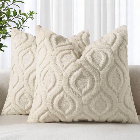 Lot de 2 Housses de Coussin carrées en Fausse Fourrure de Style bohème Neutre pour canapé, 40 x 40 cm, Beige (1/5)