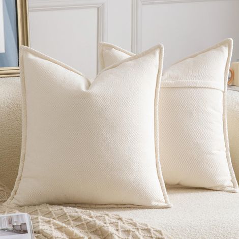 Lot de 2 Housses de coussin, Chenille, Bordure décorative, Fermeture éclair, Canapé Chambre Salon, 45x45 cm