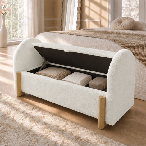 Banc de lit coffre hydrauliqu e 106 cm blanc en chenille bouclé, pieds bois U (1/5)