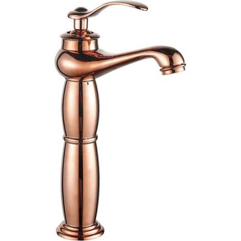 Robinet de salle de bain monotrou, à poignée unique, adapté aux lavabos, robinet mélangeur eau chaude/eau froide à poignée unique (or rose). (1/4)