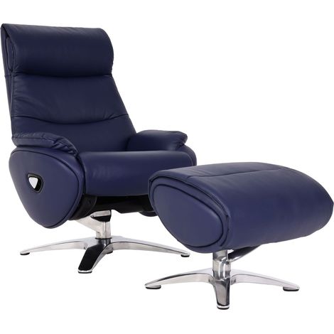 Relaxsessel mit Hocker HHG-334, Fernsehsessel Sessel, Liegefunktion drehbar, Metall Echtleder/Kunstleder blau