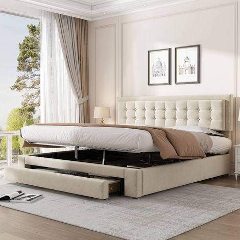 Lit coffre 160x200 cm, lit double en velours beige, tête de lit réglable, sommier à lattes, tiroirs de rangement, sans matelas (1/5)
