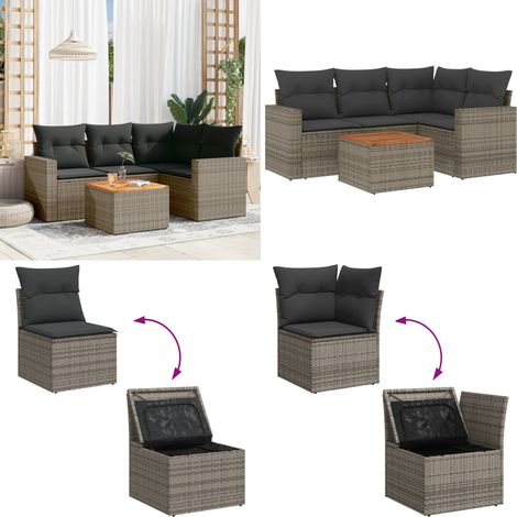 5-tlg. Garten-Sofagarnitur mit Kissen Grau Poly Rattan - Gartenmöbel Set - Lounge Möbel - Rattan Gartenmöbel - Outdoor Möbel - Esstisch Set - Home & Living (1/5)