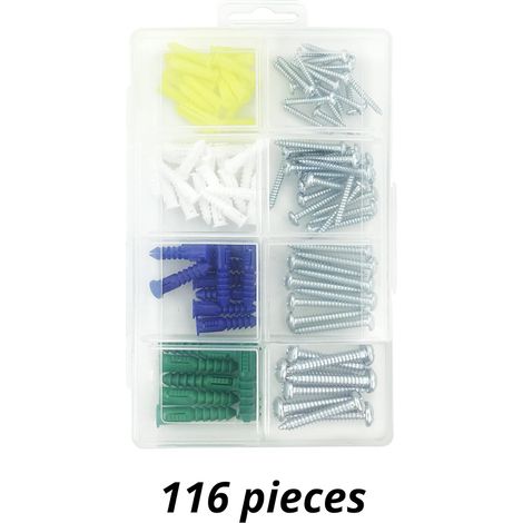 Boulons à expansionKit d'assortiment de vis d'ancrage pour cloisons sèches en plastique 116PCS comprenant 4 ancrages et vis de tailles, boulons de fixation murale et boulons d'expansion. (1/5)