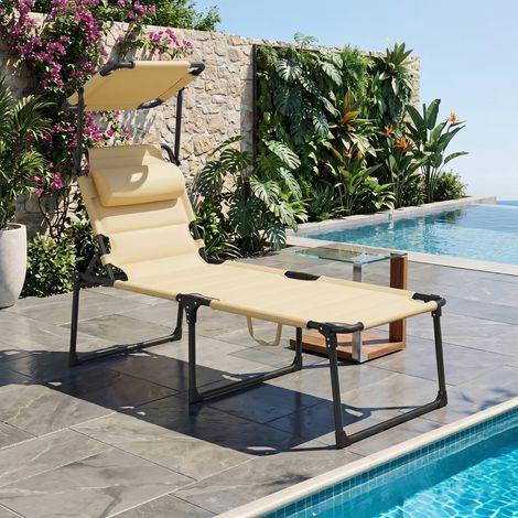 Bain de soleil chaise longue pliante avec pare-soleil, appuie-tête inclinable en tissu Oxford 70 x 200 x 45 cm crème