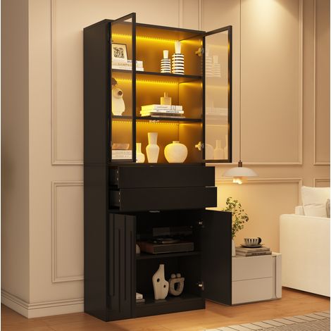 Vitrine LED 70x37x180 cm en panneaux de bois noir, avec rangement pour salon FloraGrace (1/5)