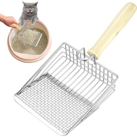 1 - Pelle à Litière - Métal Galvanisé - Tamis Fin et Manche en Bois - Nettoyage Efficace pour Chat Chien Lapin - Argent - 28x13x5cm