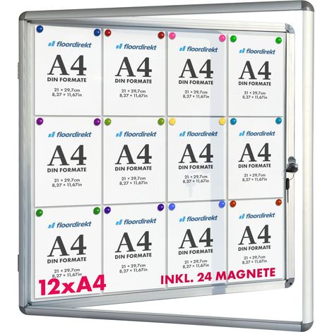 Floordirekt – Tableau d'affichage mural intérieur 94 x 98 cm – Vitrine verrouillable avec porte en acrylique – Tableau blanc magnétique – 12 x A4 avec 24 aimants