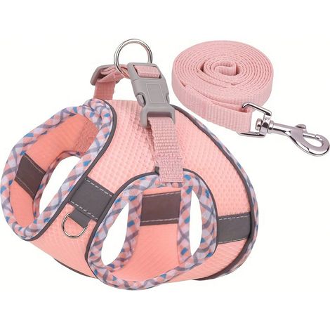 Set harnais et laisse pour animaux de compagnie à carreaux roses stylé : gilet anti-évasion indispensable pour promenades extérieures avec chiens et chats, taille M, couleur rose (1/5)