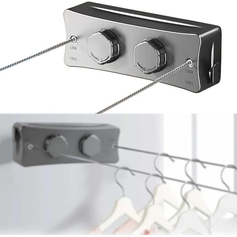 Corde à Linge Rétractable 5.1m,Inoxydable Double Bobine,Fil Linge Extensible,Réglage avec Bouton Rotatif,Contenir 20 Kg,pour Intérieur,Extérieur,Balcon,Bain(Gris) (1/5)