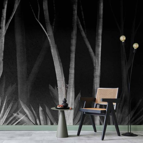 Carta da parati fotografica - Il suono della foresta di notte - un paesaggio minimalista di alberi bianchi su sfondo nero (1/5)