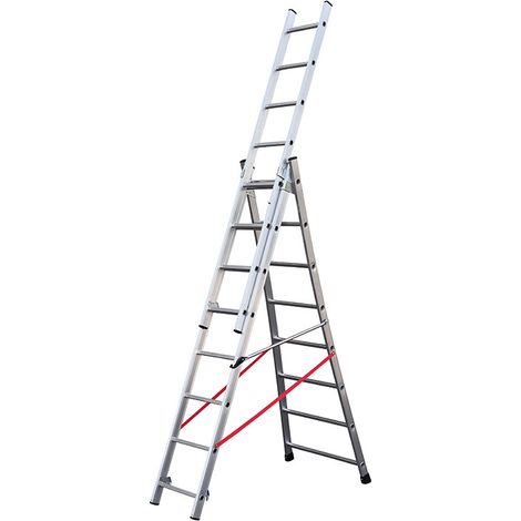 Hailo – Échelle transformable 3x8 échelons – Hauteur max 5,70m – Charge 150kg – Base évasée – Aluminium – Pour chantiers humides (1/5)