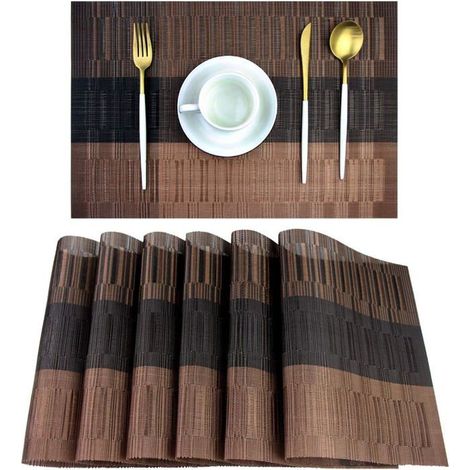 Sets de table lavables en vinyle tissé marron - 6 PCS résistants (1/5)