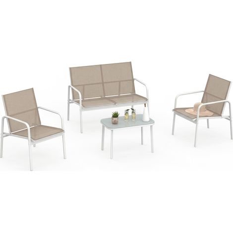 Set di mobili da giardino basso a 4 posti TOLEDE con divano, poltrone e tavolo in bianco e beige