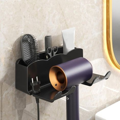 Soporte de pared multifuncional sin taladro，apto para secador de pelo y rizador，con compartimento de almacenamiento para accesorios y joyas (1/4)