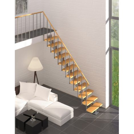 Sogem – Escalier droit gris RAL 9006 – 14 marches en hêtre verni – Hauteur 277 à 322 cm – Rampe inox et main courante bois