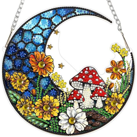 Diamond Painting Fensterbild mit Pilzen und Blumen, Hängendes Ornament-Set (1/4)