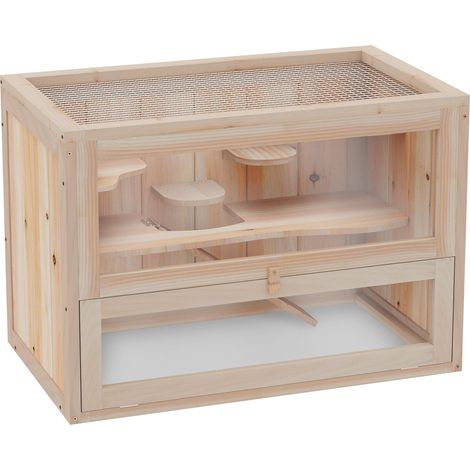 Cage en bois pour hamster, 2 niveaux, 60 x 35 x 42 cm, cage pour rongeurs, cage pour petits animaux avec toit grillagé à charnières, biberon, rampe, bascule, mangeoire, cage pour souris ou hamsters... (1/5)