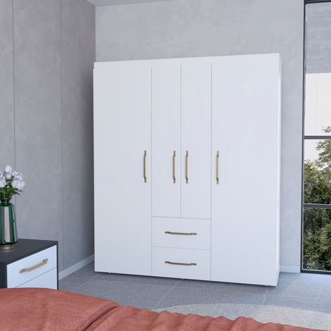 Armario Bariloche en melamina con 4 puertas , 4 estantes , 3 barras para colgar ropa y 2 cajones , blanco , 177.9 cm X 150.3 cm X 50.4 cm (1/5)