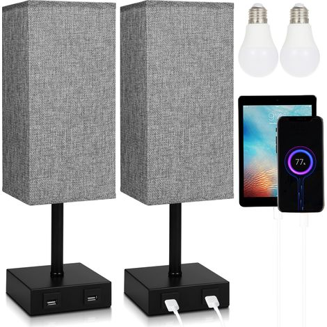 Lot de 2 Lampes de Chevet Tissu, Contrôle Tactile, Variateur 3 Niveaux, Ports USB A+C Intégrés, Ampoule LED Incluse (1/2)