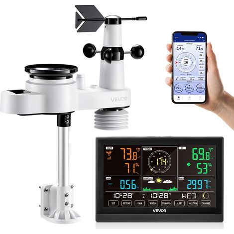 Station Météo Sans Fil WiFi 5 en 1, Station Météo Solaire Intérieur Extérieur, avec Écran VA 190,5 mm, Capteur Extérieur, Prévision, Température, Humidité, Précipitations, Vitesse Direction Vent (1/5)
