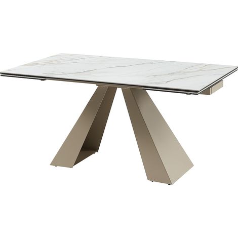 Tavolo da pranzo allungabile da 6 a 10 coperti in Ceramica e Metallo Effetto marmo Bianco e Beige - LOZIPA di Pascal MORABITO
