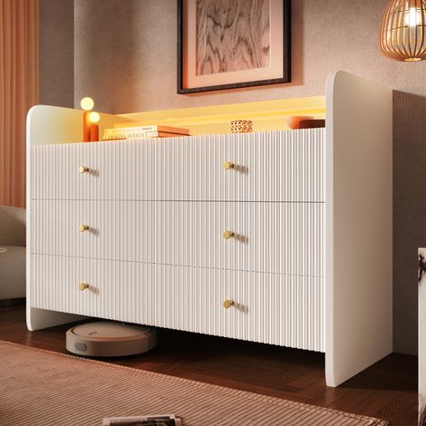 Commode 120x40cm - 6 Tiroirs - Design Vague 3D - LED Multicolore - Glissières Silencieuses - Panneau de Particules - Capacité 30kg - Blanc