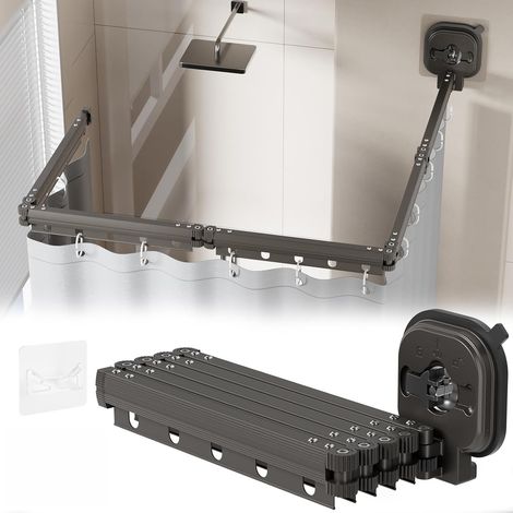 Cinq Directions Barre de Douche Pliable avec Rideau - Tringle de Douche en Aluminium à 5 Sections, Ventouses Incluses - Idéale pour Salle de Bain, Chambre, Balcon et Angle de Baignoire (1/5)