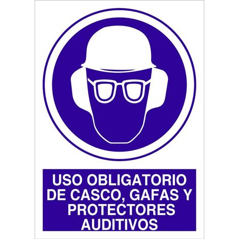 Señal adhesiva 148x105mm con pictogramas de uso obligatorio de casco y gafas.