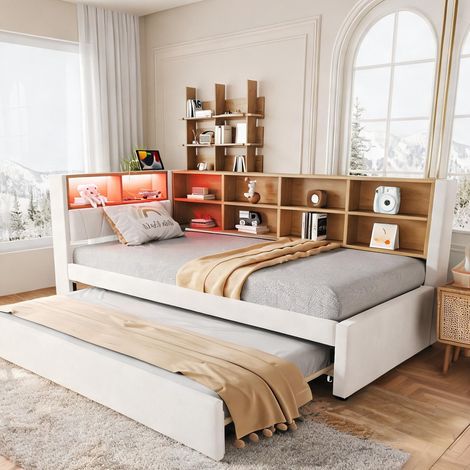 Cadre de lit beige en flannelette 213 x 103 x 98 cm (1/5)